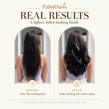 Side-by-side back views of long dark hair labeled before and after