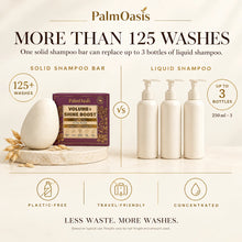 Comparison showing one solid shampoo bar providing more than 125 washes versus three liquid shampoo bottles