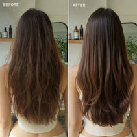 Side-by-side back views of long damaged hair labeled before and after