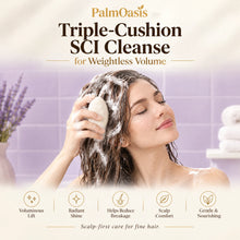 Woman applying a solid volumizing shampoo bar to wet hair and working it into a creamy lather