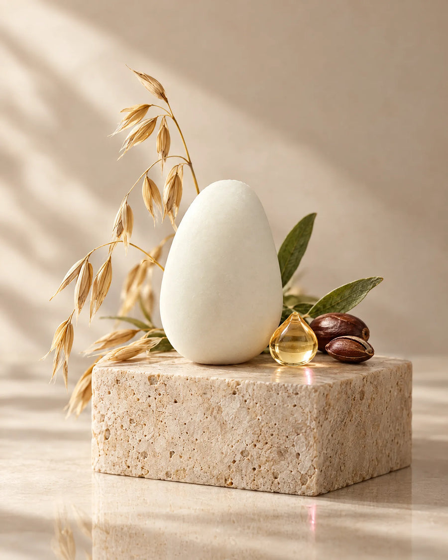 Oat, squalane and shampoo bar ingredient still life