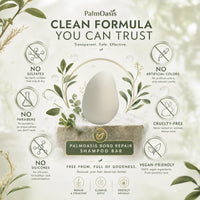 PalmOasis shampoo bar formula graphic listing no sulfates, parabens, silicones or artificial colors